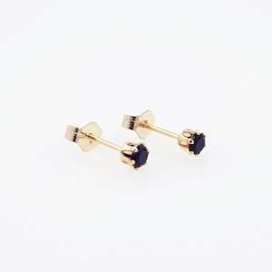 Tiny black gold gemstone studs Dainty black spinel round lightweight earrings Mini crystal cartilage piercing jewellery shop womens gift