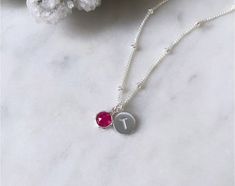 Dainty Ruby Necklace Birthstone Initial Necklace Red Gemstone Round Ruby pendant July Personalised Australian Handmade Custom Jewelry gift