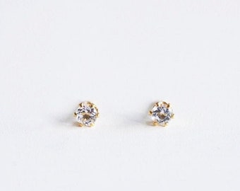 White Topaz earrings Australian jewellery Gold crystal gemstone earrings Dainty round April birthstone studs Bridesmaid gift Tiny piercing