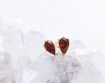 Red garnet studs earrings, tiny garnet gemstone teardrop studs, pear cut red garnet earrings, January birthstone jewellery Australia