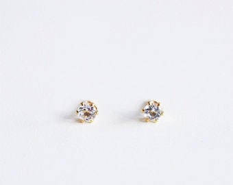 Tiny Gold gemstone studs White Topaz earring 2mm Crystal studs cartilage piercing Comfortable everyday lightweight Silver diamond earrings