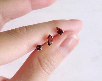 Red garnet stud earrings, Dainty teardrop garnet piercing, bridesmaid gift, round cartilage studs, marquise gemstone earrings, Australia