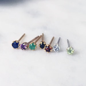 Mini gemstone studs Small birthstone earring gift for girls Tiny round Blue sapphire Emerald Amethyst Red garnet Peridot Topaz Black gem