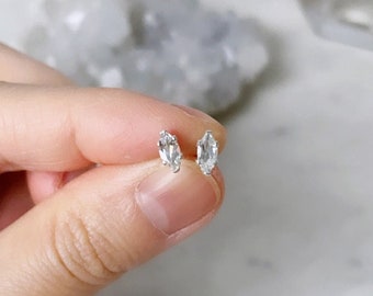 White topaz studs, Marquise earrings, Clear gemstone studs, April birthstone crystal studs, Tiny cartilage piercing, Dainty bridesmaid gift