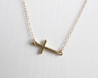 Gold Cross Necklace Minimalist Sideways cross jewellery Dainty Christian faith necklace Gold filled layering necklace Religious gift for her