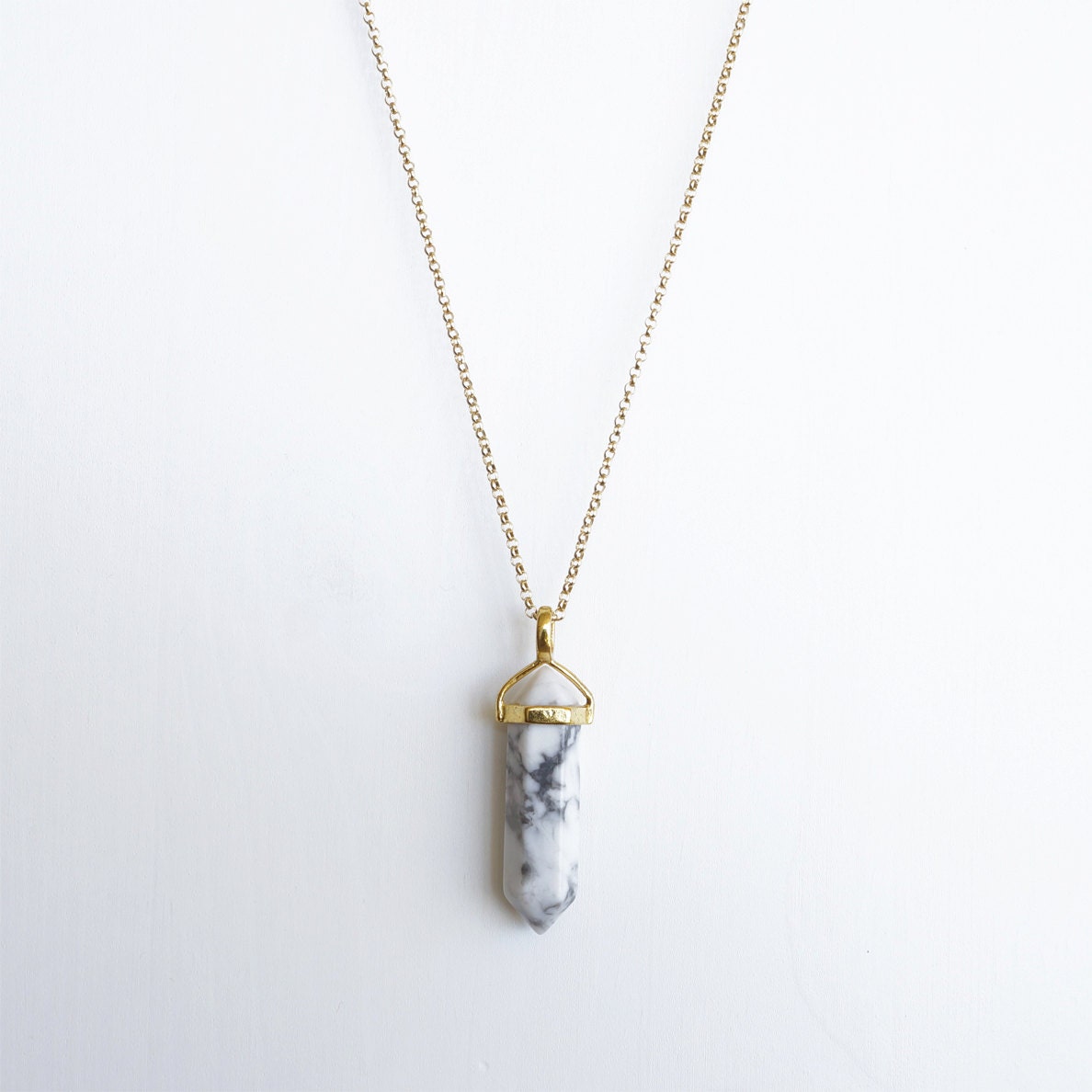 White Marble Necklace Gemstone necklace Gold Minimal Etsy