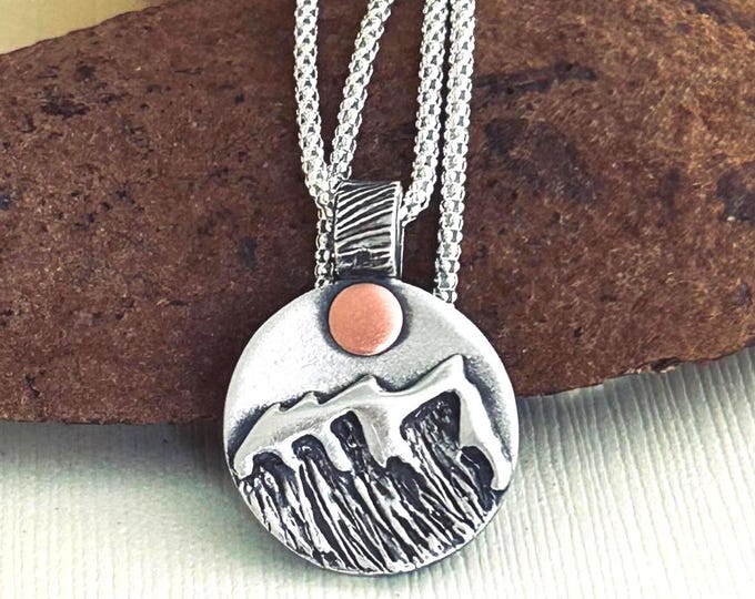 Handmade Sterling Silver Etched Mountain Pendant Necklace:Jewelry for Nature Lovers and Hikers.