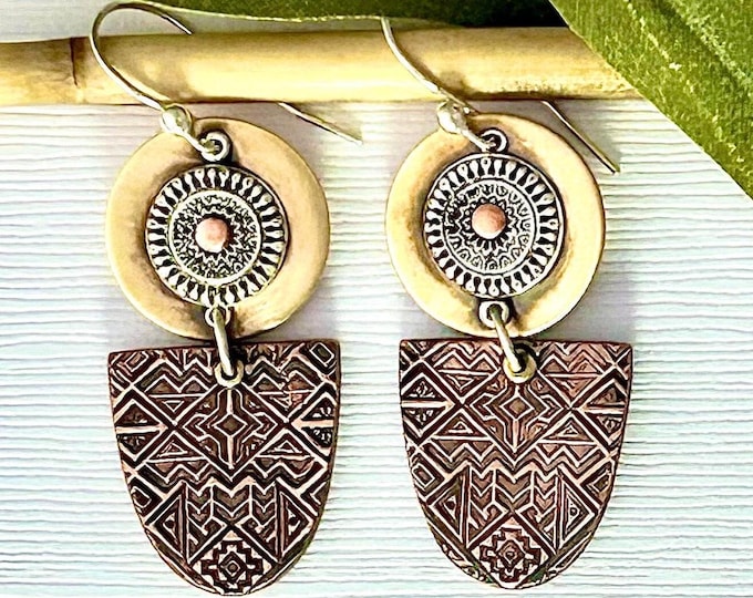 Mixed Metal Boho Riveted Dangle Earrings Handmade, Tri Color Cold Connection Unique Earrings, OOAK