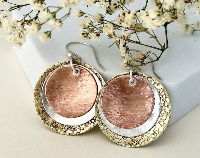 Artisan Handmade Mixed Metal Boho Tri Color Dangle Earrings, Bohemian Hammered Earrings for Women