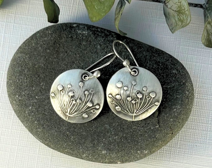 Handmade Sterling Silver Dandelion Earrings: Artisan Metal Clay Boho Jewelry