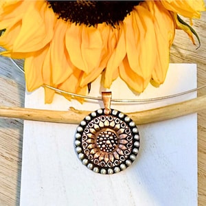 Handmade Mixed Metal Sunflower Necklace. Metal Clay Necklace, Metal Clay Jewelry, Boho Jewelry, Boho Necklace