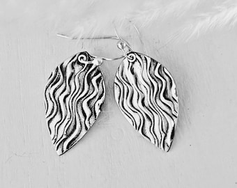 Sterling Silver Leaf Dangle Earrings: Handmade Textured Metal Clay