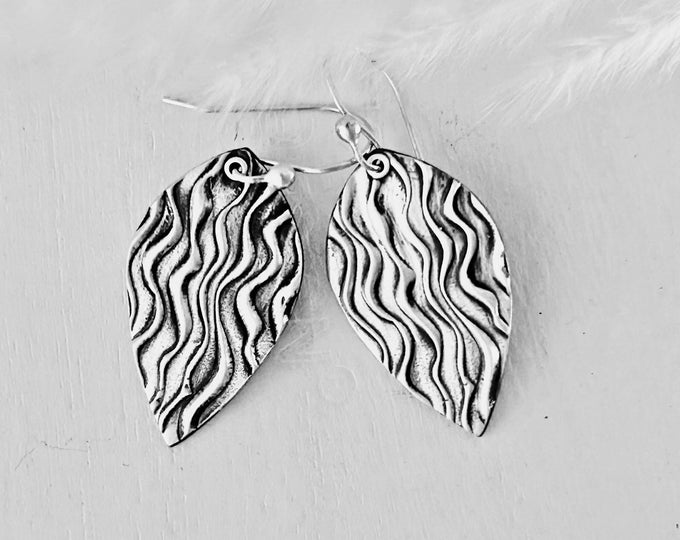 Sterling Silver Leaf Dangle Earrings: Handmade Textured Metal Clay