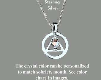 Sterling Silver AA Triangle Necklace: Austrian Crystal Sobriety Gift. Recovery Jewelry. Sobriety Pendant.