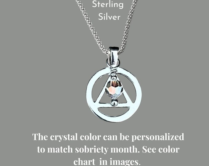 Sterling Silver AA Triangle Necklace: Austrian Crystal Sobriety Gift. Recovery Jewelry. Sobriety Pendant.