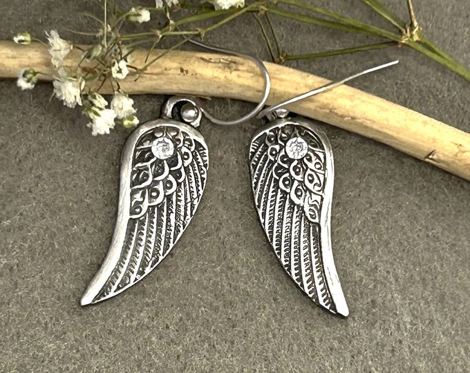 Handmade Sterling Silver Angel Wing Dangle Earrings - Unique Bereavement Gift