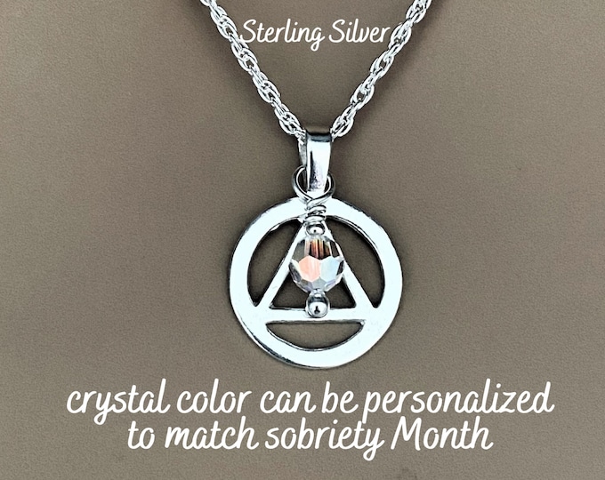Sterling Silver AA Triangle Necklace: Austrian Crystal Sobriety Gift. Recovery Jewelry. Sobriety Pendant.