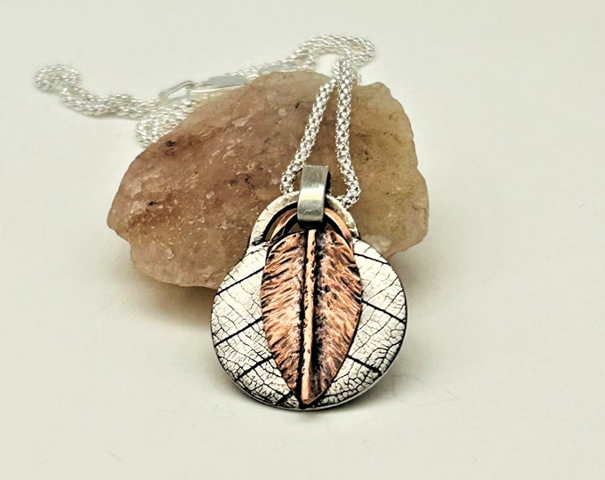 Handmade Copper & Sterling Silver Leaf Pendant Necklace. Nature inspired gift.