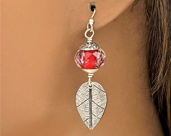 Red Lampwork Glass Bead Earrings: Sterling Silver Leaf Dangle Earrings