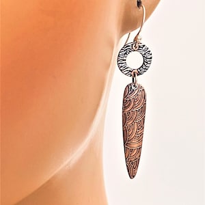 Women's Handmade Mixed Metal Artisan Earrings . Copper and Sterling Silver Earrings.  Boho Earrings, Metal Clay Jewelry