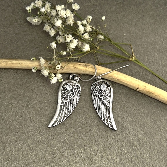 Handmade Sterling Silver Angel Wing Dangle Earrings - Unique Bereavement Gift