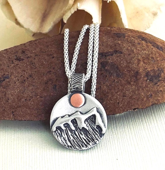 Handmade Sterling Silver Etched Mountain Pendant Necklace:Jewelry for Nature Lovers and Hikers.