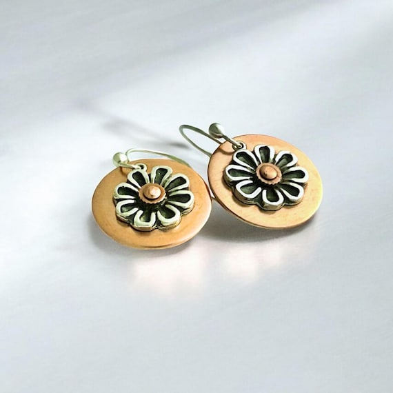 Handmade Mixed Metal Flower Earrings: Artisan Boho Jewelry