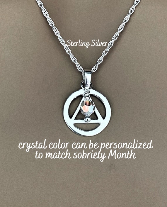 Sterling Silver AA Triangle Necklace: Austrian Crystal Sobriety Gift. Recovery Jewelry. Sobriety Pendant.