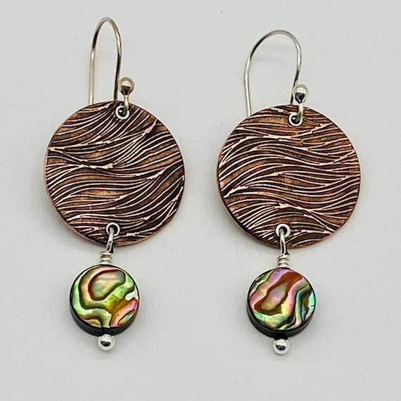 Handmade Copper Abalone Dangle Earrings: Sterling Silver Ear Wires