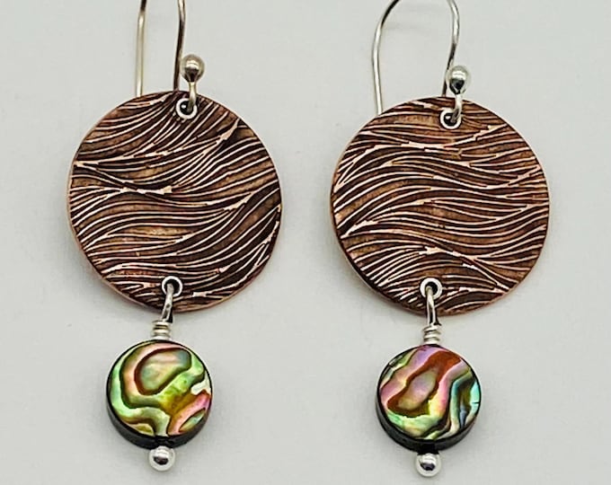 Handmade Copper Abalone Dangle Earrings: Sterling Silver Ear Wires