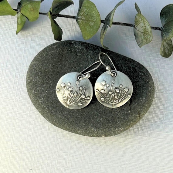 Handmade Sterling Silver Dandelion Earrings: Artisan Metal Clay Boho Jewelry