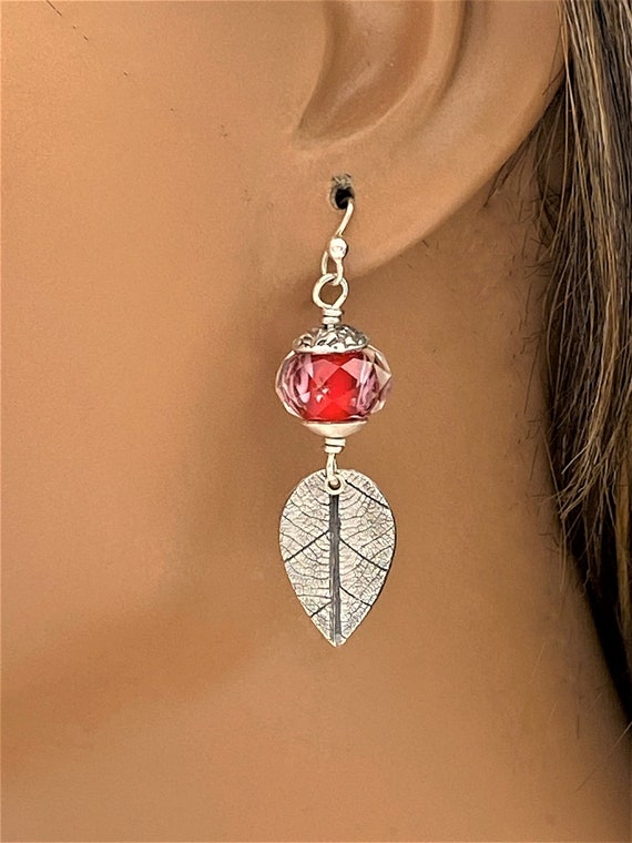 Red Lampwork Glass Bead Earrings: Sterling Silver Leaf Dangle Earrings