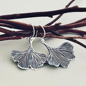 Nature Inspired Ginkgo Leaf Earrings, Sterling Silver.  Handmade Artisan Gift Idea.