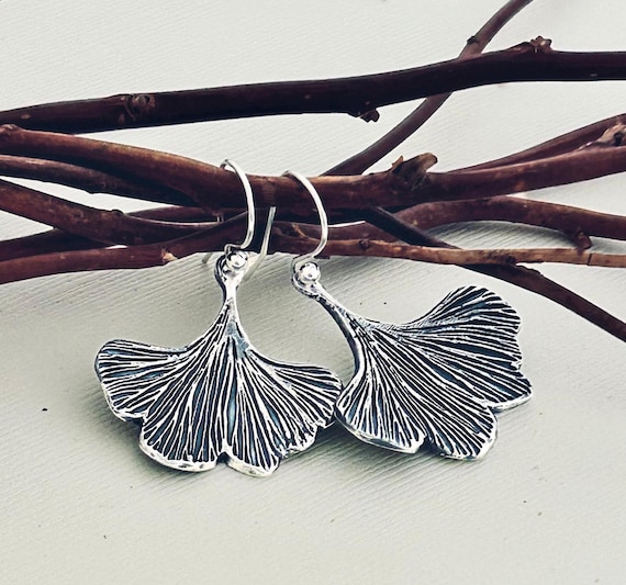 Sterling Silver Ginkgo Leaf Earrings: Handmade Artisan Jewelry