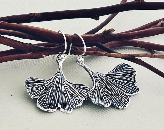 Sterling Silver Ginkgo Leaf Earrings: Handmade Artisan Jewelry