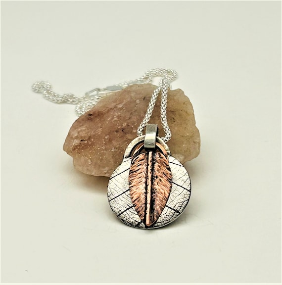 Handmade Copper & Sterling Silver Leaf Pendant Necklace. Nature inspired gift.