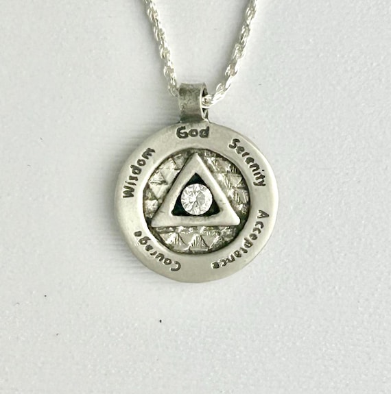 Women's Sterling Silver Artisan AA Recovery Necklace - Unique Sobriety Gift, Serenity Pendant, Inspirational Jewelry.
