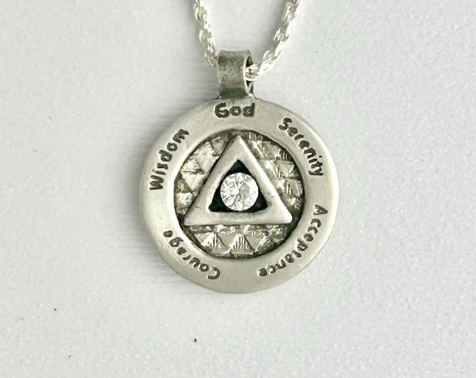 Women's Sterling Silver Artisan AA Recovery Necklace - Unique Sobriety Gift, Serenity Pendant, Inspirational Jewelry.