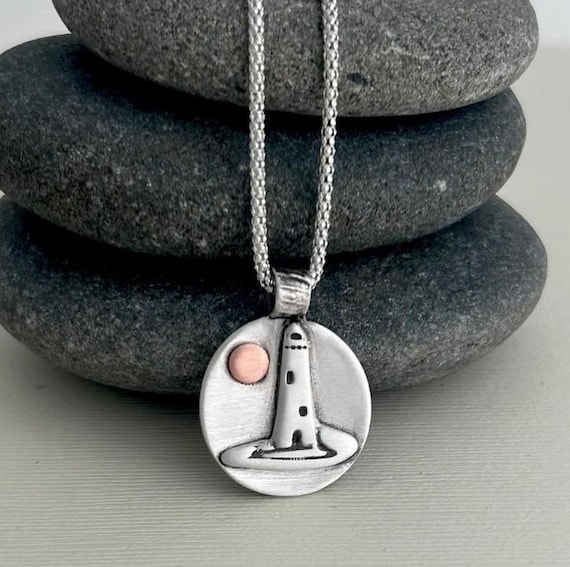 Sterling Silver Lighthouse Necklace: Nautical Metal Clay Jewelry. Nautical theme gift.