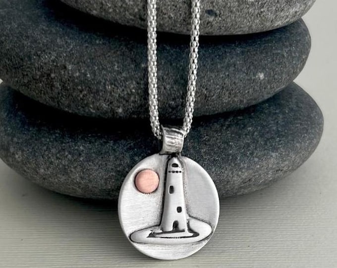 Sterling Silver Lighthouse Necklace: Nautical Metal Clay Jewelry. Nautical theme gift.