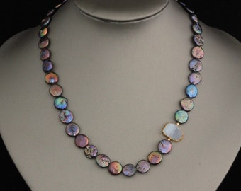 Helen Wang Necklace - 24K Gold Vermeil, A-Grade Peacock Coin Pearls, Blush Gold Leafed Drusy Quartz
