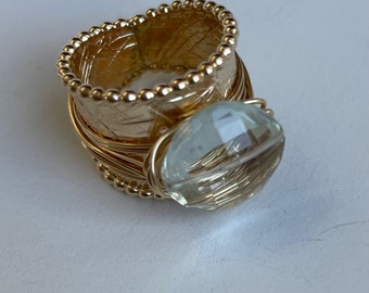 Helen Wang Jewelry Ring - Beaded, Textured 14K Gold-Filled Band, A+ Grade Chessboard Cut Prehnite