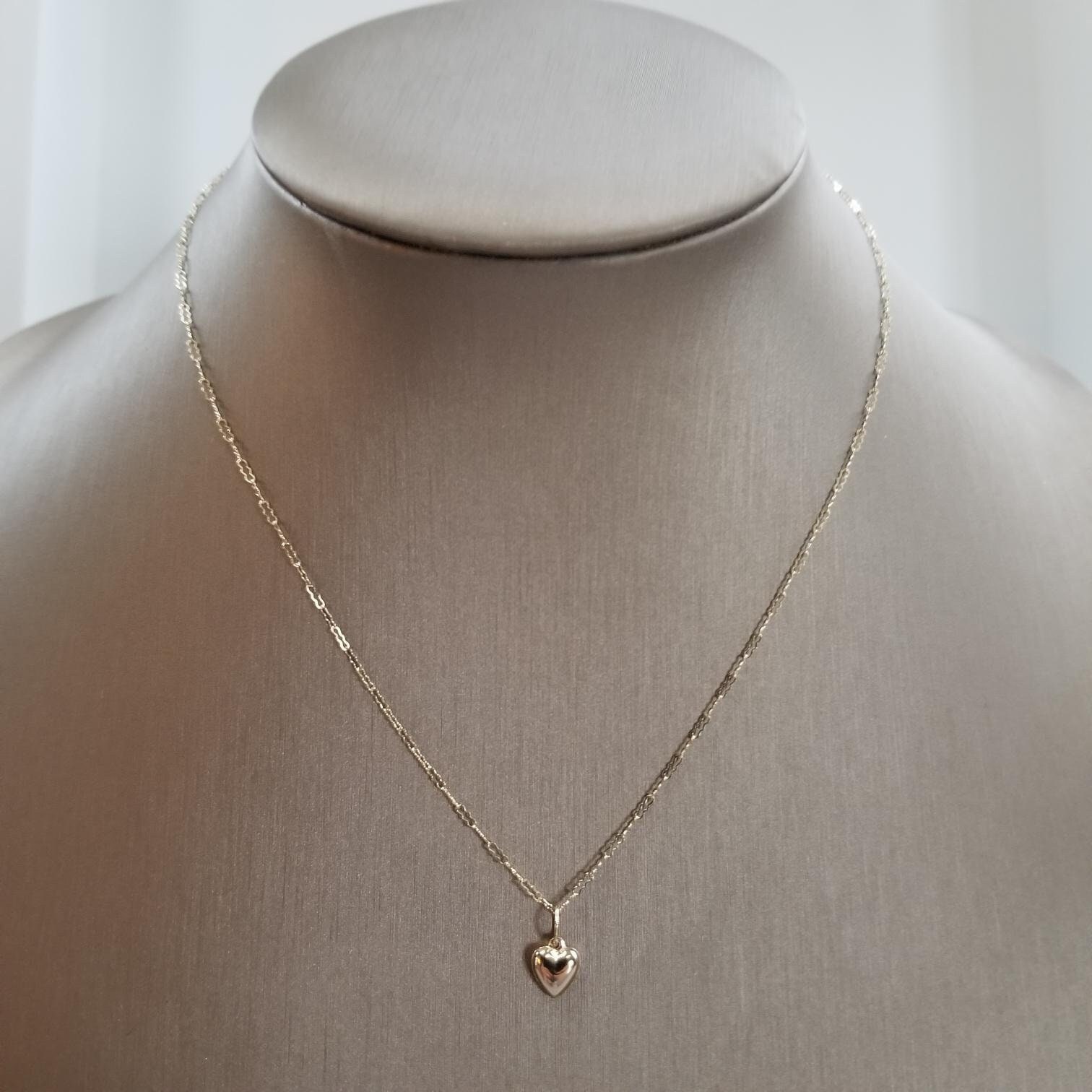 Helen Wang Jewelry Necklace - Solid 14K Puffed Gold Heart, Delicate Krinkle Chain