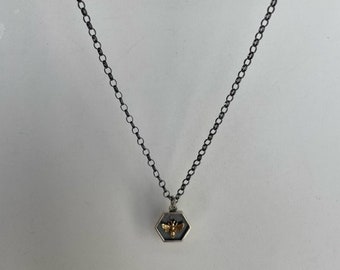 Helen Wang Jewelry Necklace - Bronze Honeybee, Sterling Silver Hexagon, Heavy Oxidized Sterling Silver Links
