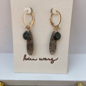 Helen Wang Jewelry Earrings - 14K Gold-Filled Oval Leverbacks, Removable Petite Pearl, Moss Aquamarine, Spotted Quartz