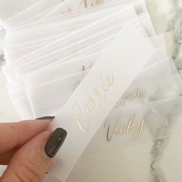 Vellum place cards with real foil gold rose silver