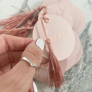 Blush circle Place cards with tassel round gold foiled silver rose gold