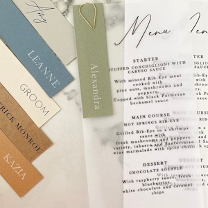 Vellum menu place cards wedding menu on the day table plan