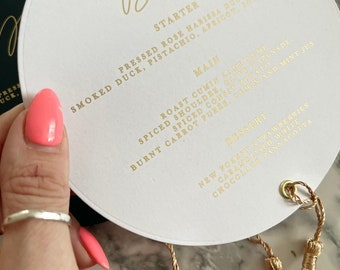 Circle foil menu with tassel wedding 5inch