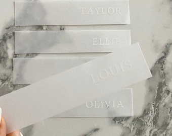 Vellum place cards with white ink